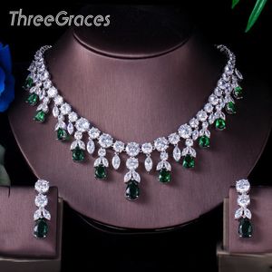Pendanthalsband Treegraces Luxury Green CZ Stone Earrings Halsband Set Brilliant Big Long Drop Wedding Bridal Dress Smycken för kvinnor JS256 230506