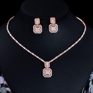 Pendant Necklaces CWWZircons Shiny Baguette Cubic Zirconia Wedding Bridal Party Necklace Earrings Fashion Gold Color Jewelry Sets Accessories T583 230506