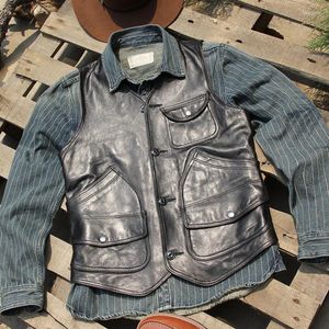 Gilet da uomo in pelle Gilet giapponese di alta qualità retrò Gilet da motociclista da motociclista in pelle di pecora da uomo Multi tasca Nero autentico senza maniche