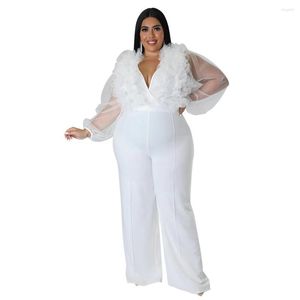 Pants Plus Size Mesh Women Jumpsuit Party Summer Ruffles See Through Long Sleeves Deep V Neck Patchwork Straight Overalls