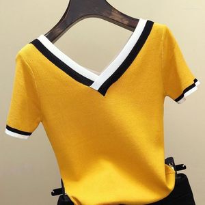 Women's Blouses V-neck Yellow Girl Summer Beauty Thin Office Lady Cloth Women T-shirts Knitting Crop Short Sleeve Stretchy T-shirt Tops