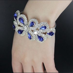 Zincir Kristal Rhinestone Açılış Bilezik Kraliyet Mavi Çiçek Paslanmaz Çelik Bilek Bilezik Yeni