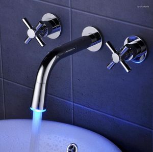 Bathroom Sink Faucets Three Hole Bathtub Faucet Bath Mixer Chrome Brass Deck Copper LED Light Basin Wall Mounted