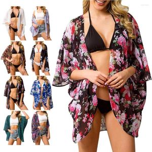 Damen Blusen Damen Bikini Cover Ups Sommer Mesh Sheer Floral Kimono Damen Durchsichtig Strickjacke Strandbluse Kleid Bademode Cover-up