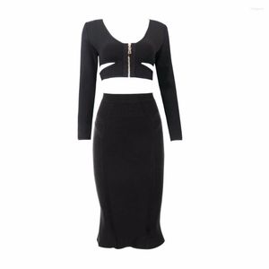Casual Dresses Black Long Sleeve Elastic Rayon Warm Party Vestidos Sexig Midi Pencil Club BodyCon 2 Piece Bandage Dress