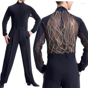 Stage Wear Latin Dance Top Male Perspective Mesh Shiny Rhinestones Competition Tango Salsa Cha Men Performance Clothes DNV13578