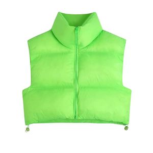 Leather Women's Vest Warm Padded Sleeveless Jacket Spring Winter Coats 2022 Neon Green Cropped Waistcoat High Neck Puffer Gilet Zip Chic