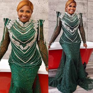 2023 Maj Aso Ebi Pärled Crystals Prom Dress Mermaid Dark Green Evening Formell Party Second Reception Födelsedagsengagemang Klänningar Klänning Robe de Soiree ZJ185