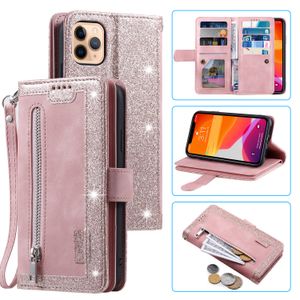 9 Card Slots Zipper Bling Glitter Handbag Flip Cases PU Leather Magnetic Kickstand Wrist Strap TPU For iPhone 14 13 12 11 Pro Max XR X 8 Plus Samsung A04e A14 A24 A34 A54