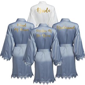 Damen Nachtwäsche MaSatin Lace Robe Bride Robes Brautjungfer Kimono Brauthochzeitskleid Dusty Blue Bademantel