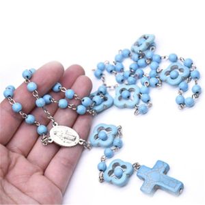 Pendant Necklaces Handmade DIY Religious Catholic Orthodox Rosary Blue Turquoises Praying Cross NecklacesPendant