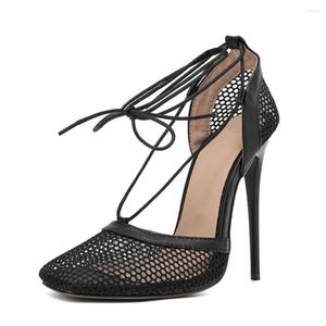 Dress Shoes Lovirs Womens Sexy High Heel Lace Up Mesh Pumps Ankle Strap Stiletto 12.5cm Square Toe Heels Plus Size 34-46