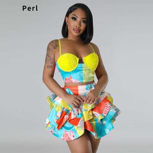 Two Piece Dress Perl Sling Printed Sequin Crop Toppetal Skirt Suit Charming Two Piece Sets Women Outfits Sexy Dress Sets Party Birthday Wear J230506