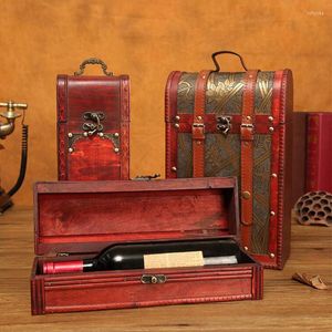Geschenkverpackung Vintage Archaistic Single / Double Red Wine Box Portable Holz Retro Aufbewahrungskoffer Flaschenverpackung mit Griff