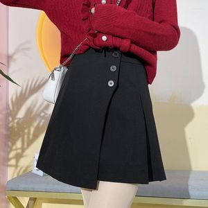 Röcke Koreanische Mode Y2k Herbst Winter Frauen Rock Schwarz Knopf Plissee Hohe Taille Mini Lässige Kurze Hose A-Linie Elegant