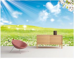 Bakgrundsbilder Väggpapper 3 D Custom Mural Dream Flower Blue Sky och White Cloud Grass Fjäril Heminredning PO Bakgrund för sovrumsväggar