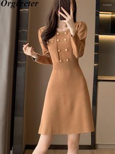 Casual Dresses Vintage Solid Khaki/Black Chain Buttons Deco Women Sweater Dress Knitted A-line Knee-length For Vestidos De Mujer