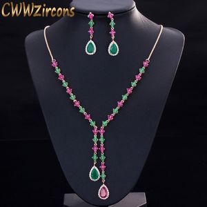 Pendant Necklaces CWWZircons Beautiful Green and Red CZ Zirconia Stone Jewelry 4 Leaf Long Drop Party Necklace Earrings Sets for Women T225 230506