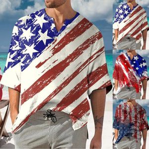 Camisetas masculinas de algodão macio Camisa de manga comprida Men S Big e Alto Mass Summer Independence Day Bandeira Digital 3D Printing Bubble Ratrled