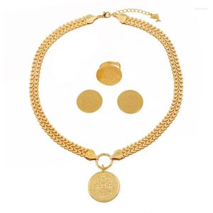 Collana Orecchini Set Dubai Jewelry Fashion Round Tree Of Life Ciondolo placcato oro Fibbia in acciaio inossidabile Anello regalo per feste