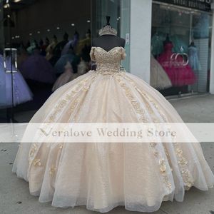 Шампанское quinceanera платье с плеча 2023 Sparkly Sequint