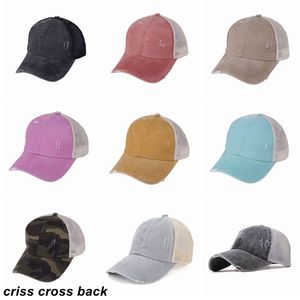 Criss Cross Pferdeschwanz-Hüte Mesh-Rücken-Pferdeschwanz-Baseballmütze 10 Farben Washed Distressed Chaotisch Bun Ponycap Trucker Hat