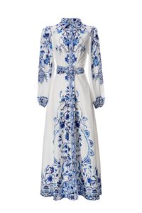 2023 Summer White Blue Paisley Print Belted Dress Long Sleeve Lapel Neck Buttons Single-Breasted Long Casual Dresses D3W031712