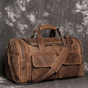 Duffel Bags Crazy Horse Leather Handheld Luggage Bag Genuine Men's One Shoulder Crossbody Short Distance Travel