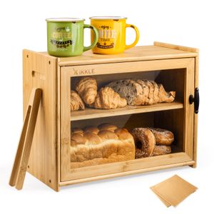 Caixa de pão de bambu de dupla camada, suporte para armazenamento de alimentos, caixa multifuncional com torradeira, torradeira para balcão de cozinha