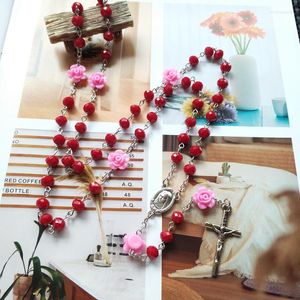 Anhänger Halsketten Jungfrau Maria Kruzifix Jesus Kreuz Halskette Rote Rose Blume Geformte Perlen Für Frauen Männer Katholischen Schmuck Geschenk