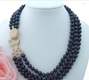 Necklace Earrings Set Beautiful 17" 8-9MM 3 Strands Black Pearl Earring