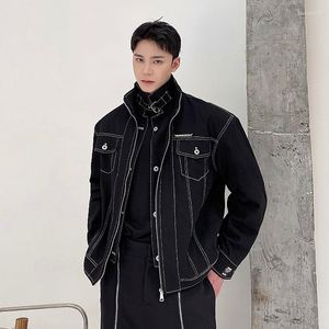 Men's Jackets Men Women Double Placket Stand Collar Wide Shoulders Loose Casual Vintage Fashion Jacket Male Streetwear Hip Hop Coat