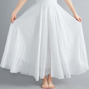 Röcke Frauen Baumwolle Leinen Rock A-Linie Plissee Strand Maxi Damen Elastische Taille Vintage Mode Boho Festes Dünnes Kleid