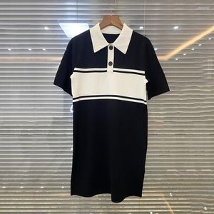 Casual Dresses Classic Black And White Color Matching Polo Collar A-line Dress Female Simple Short-sleeved T-shirt 2023 Summer