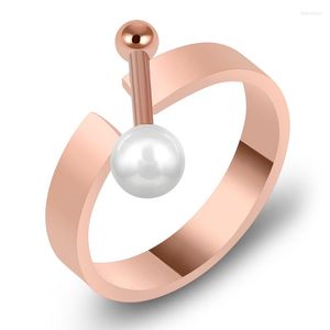 Bröllopsringar lyxgeometri hantel pärla ring för kvinnor titan stål rosguld färg charm Öppna finger mode ogräs smycken