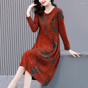 Casual Dresses Lady Moral Felt Print Dress 2023 Autumn And Winter Velvet Thick High-end Long Sleeve O Neck Clothing