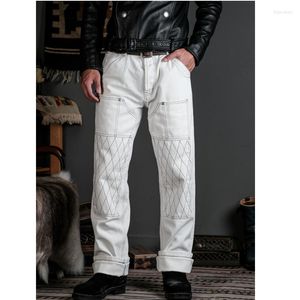 Men's Jeans Simons 15OZ Vintage Motorcycle Anti-fall Lingge Reinforcement Straight Pants In White