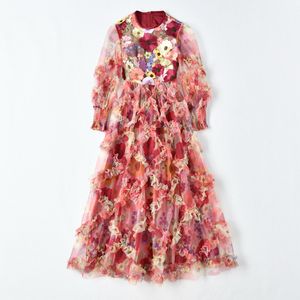 2023 Summer Red Floral Print Embroidery Tulle Dress Long Sleeve Round Neck Panelled Long Maxi Casual Dresses D3W037103
