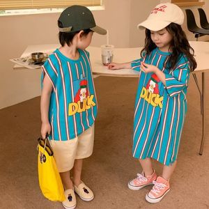 T-Shirts 2023 Sommer-Kind-Bruder-Schwester-passende Kleidung-Jungen-Art- und Weisekarikatur-Druck-T-Shirt Mädchen-beiläufiges Kleid-Geschwister-Ausstattungen 230506