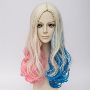 Sudycion Squad Harley Quinn Wig Curly Blonde Pink Blue Mixed Hair Wigs100% Zupełnie nowy wysokiej jakości obraz modowy F235U