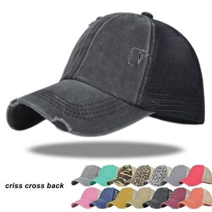 Criss cross hästsvans hattar mesh tillbaka hästsvans baseball mössa tvättade oroliga röriga bulle ponycap trucker hatt