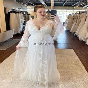 Fata Plus Size Boho Abito da sposa 2023 con applicazioni in pizzo Scollo a V Tulle Flare Manica lunga Bohemain Abiti da sposa Donne coreane civili vestidos de novia robe de mariee