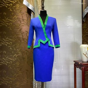 Two Piece Dress Royal Blue Beading V-neck Blazers Suits With Skirt 2 Pieces Set Women's High End Customized Formal