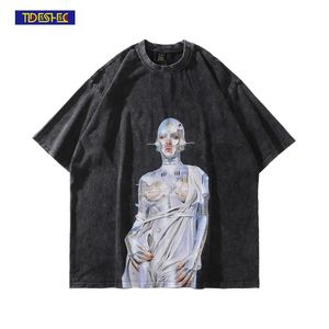 Herren T-Shirts Vintage T-Shirt Herren Streetwear Hip Hop Portrait Roboter Grafik Print Distressed T-Shirt Harajuku Summer Cotton Washed T-Shirt 230506