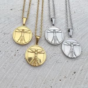 Pendant Necklaces Hiphop Vitruvian Man Necklace Stainless Steel Jesus Cross Jewelry Fashion Da Vinci Design Charms Long Chain