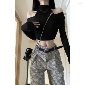 Women's T Shirts 2023 Spring for Women Korean Style Off Shoulder Halter Neck T-Shirt Pants Suit 2 Pieces Set Draw-Piting Retro Y2K