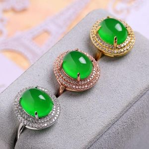 Cluster Rings Rose Gold Plated Green Jade Ring Adjustable Women Zircon Band Jadeite Fine Jewelry Accessories For Girlfriend Mom Gifts