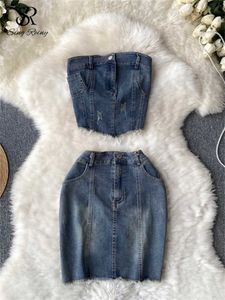 Tvådelt klänning singreiny sommar sexig denim Två stycken kostymer axelfri dragkedja toppshort bodycon tofsel kjol kvinnor hotsweet streetwear set j230506