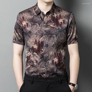 Мужские повседневные рубашки в китайском стиле 3D -печать для мужчин шелковистый роскошный роскошный летний качественный шелк и атлас