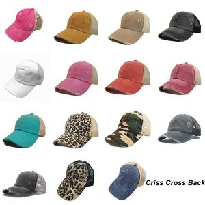 Criss cross hästsvans hatt mesh tillbaka hästsvans baseball mössa 15 färger tvättade oroliga röriga bun ponycaps trucker hattar